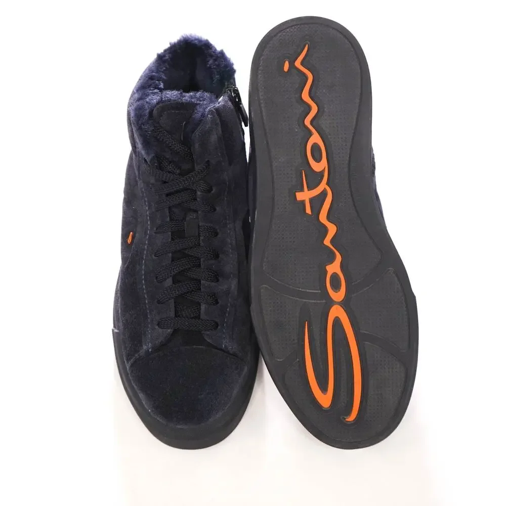 $860 SANTONI - Navy Blue Suede Shearling Lined Sneakers - US 8 (7UK)